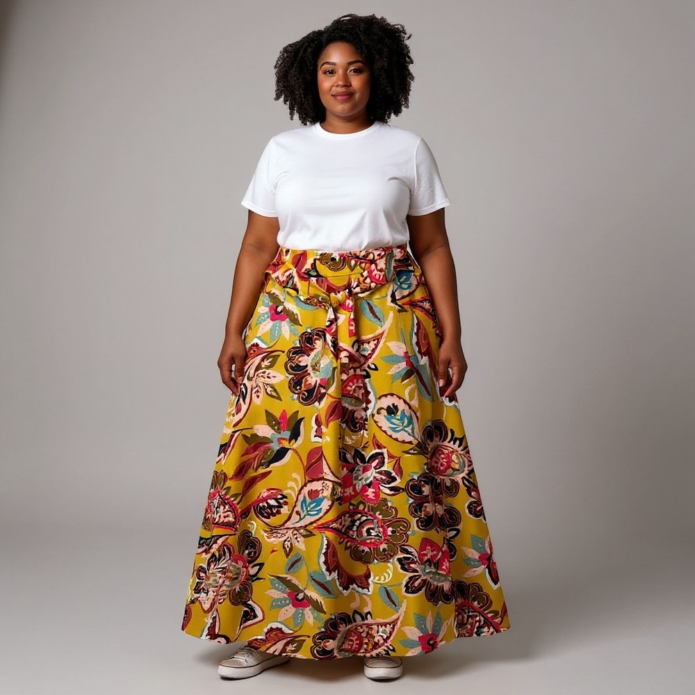 NWT Ann Taylor  LOFT Plus SZ 18 Yellow Paisley Floral Maxi Skirt Tie Belt